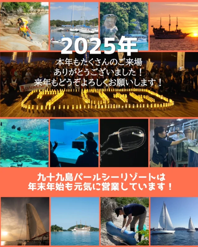 本年も、九十九島パールシーリゾート（遊覧船・海きらら）をご愛顧いただきありがとうございました🌟

水族館・遊覧船は年末年始も休まず営業します！
どうぞお気軽に、遊びに来てくださいね🎵

皆様が良いお年を迎えられますように🌟
2026年もどうぞよろしくお願いいたします😌✨

#長崎　#佐世保　#nagasaki #sasebo #九十九島 #kujukushima　#九十九島パールシーリゾート　#正月　#遊覧船　#水族館　#海きらら　#パールクィーン　#リラクルーズ　#ヨット　#カタマランヨット　#９９TRITON　#umikirara
#2025年　#2026年